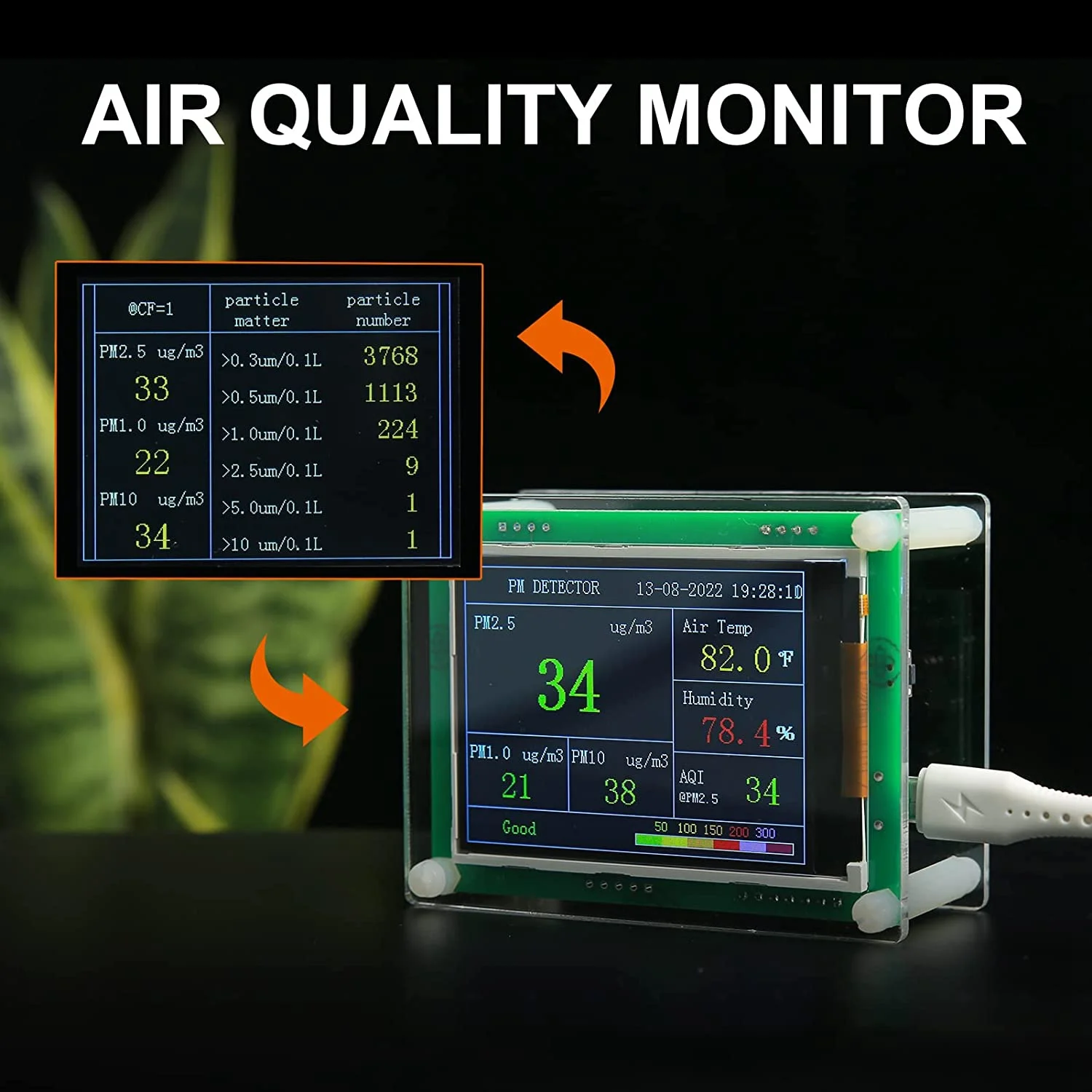 Air-Quality Monitor Pm2.5 Pm10 Pm1.0 Detector Indoor Gas Quality Monitors for Cars, Home, Etc. (Pm1.0, Pm2.5, Pm10)