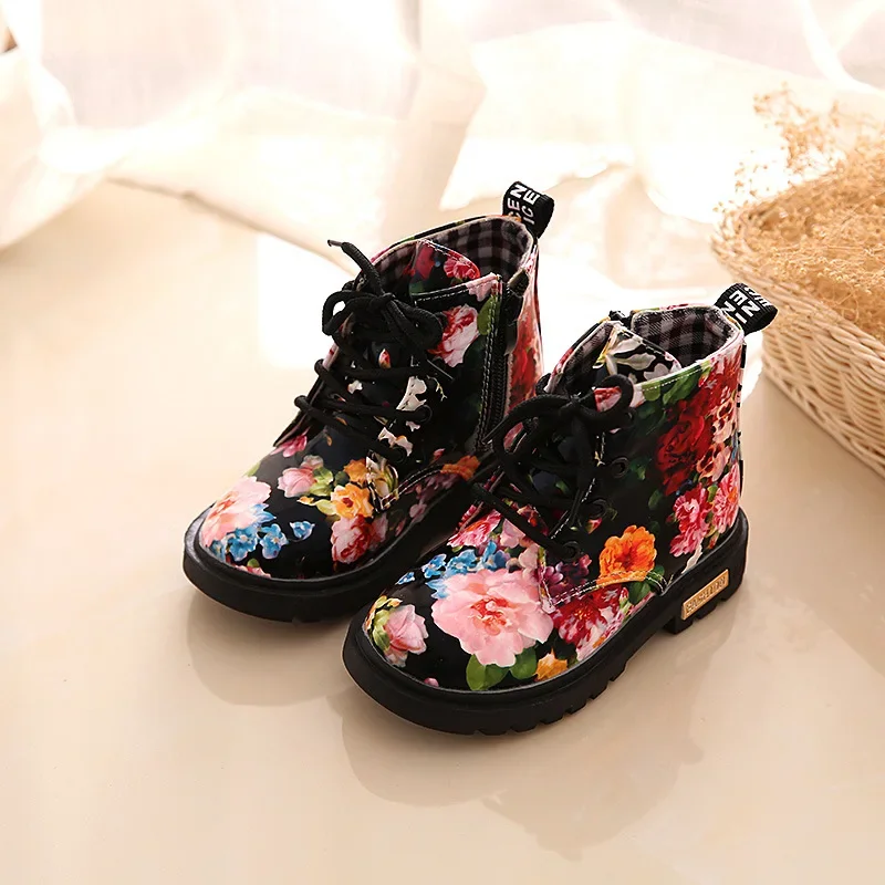 Floral PU Boots for Kids - Size 21-30 Boys Girls Leather Martin Fashion Toddler Shoes