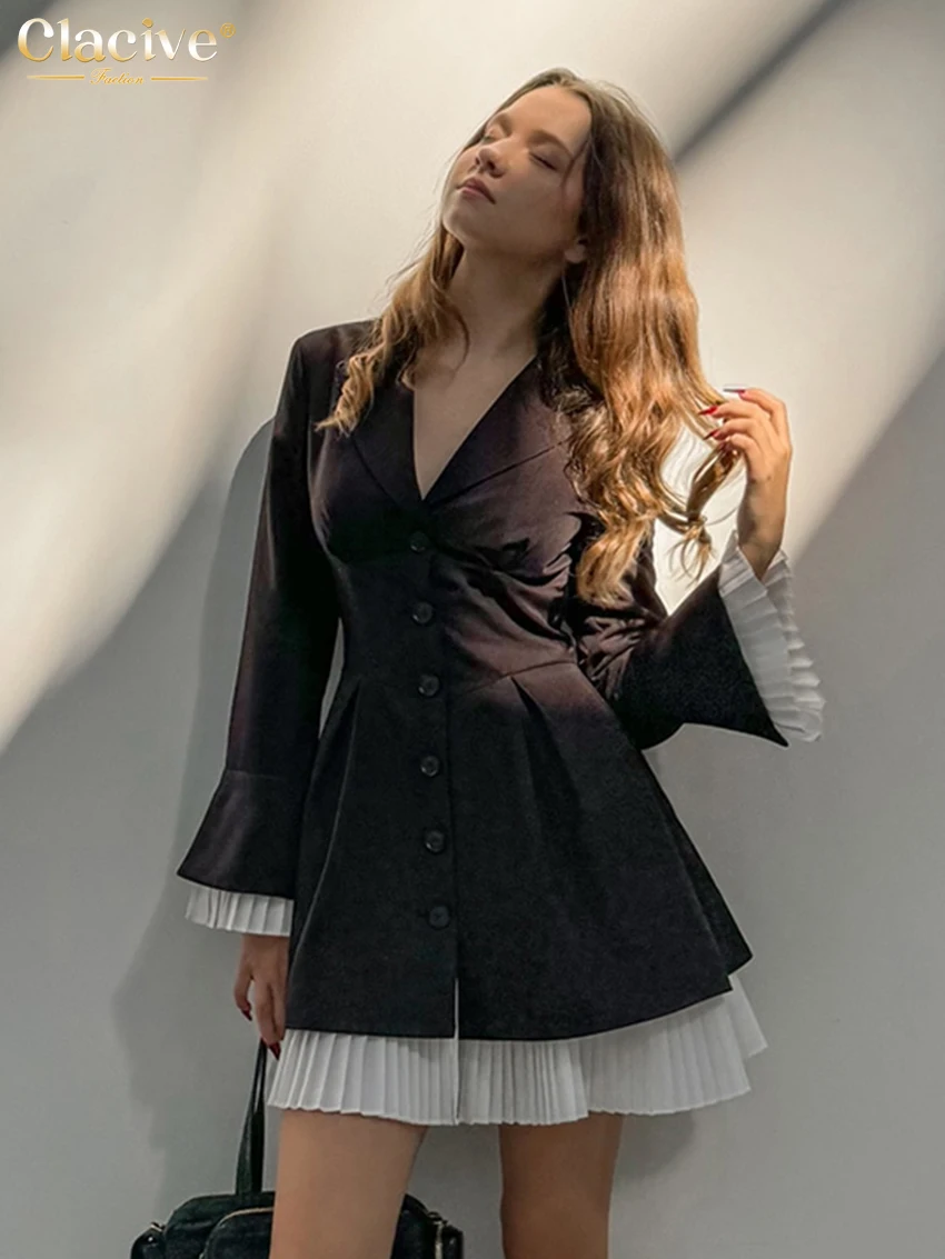 Clacive Fashion Slim Black Office Women Dress 2024 Winter Lapel Long Sleeve Mini Dresses Elegant Classic Patchwork Female Dress