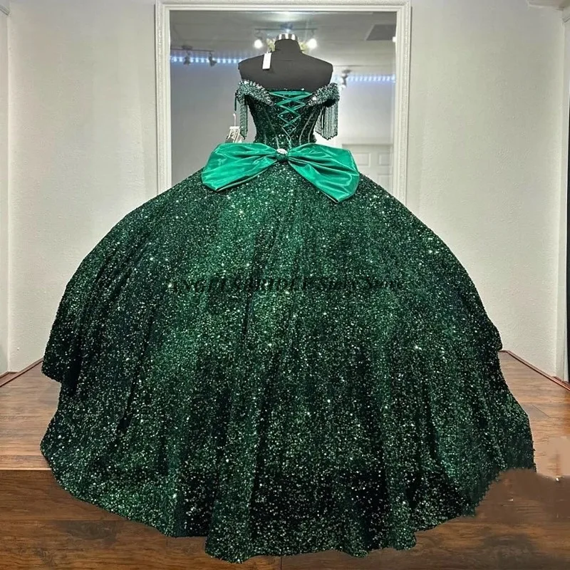 ANGELSBRIDEP Sparkly Dark Green Sequin Quinceanera Dresses Ball Gown Birthday Prom Gowns Lack Up Sweet 16 Dresses Customized