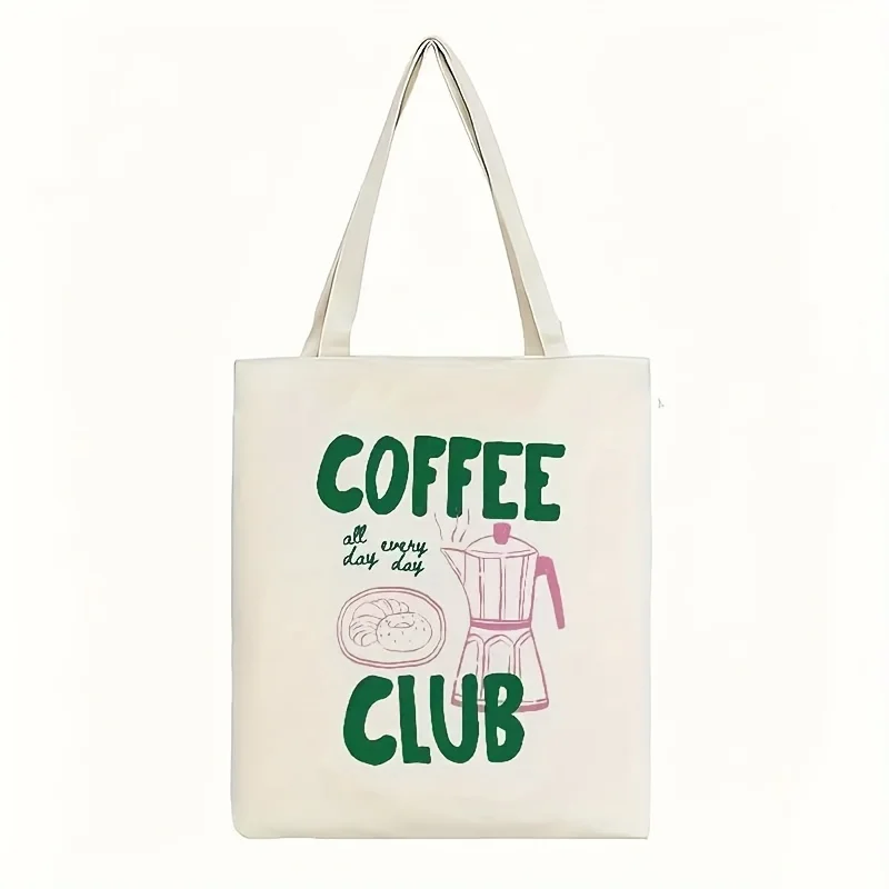 A coffee-themed tote bag、Shoulder bag，With green lettering and a coffee cup pattern，Suitable for Travel、Commuting、Daily casual c