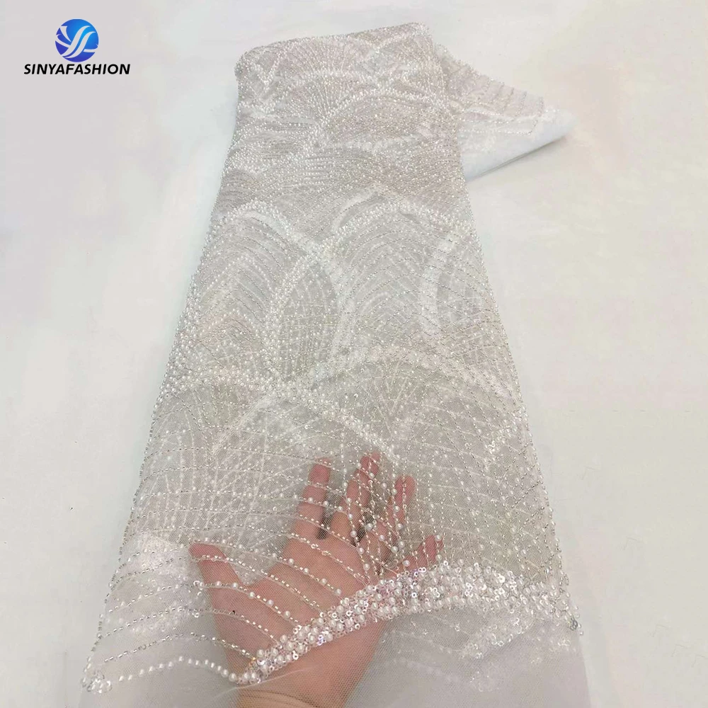 

Tim Full Crystal Pearls African Sequins Lace Fabric 2024 Luxurious Beaded Lace Fabric Nigerian French Mesh White Lace For Women