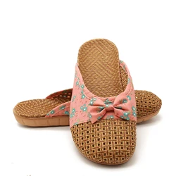 Women Home Slippers Flax Slippers Casual Slides Floral Bow Linen Indoor Slippers Female Summer Sandals Home Shoes Women