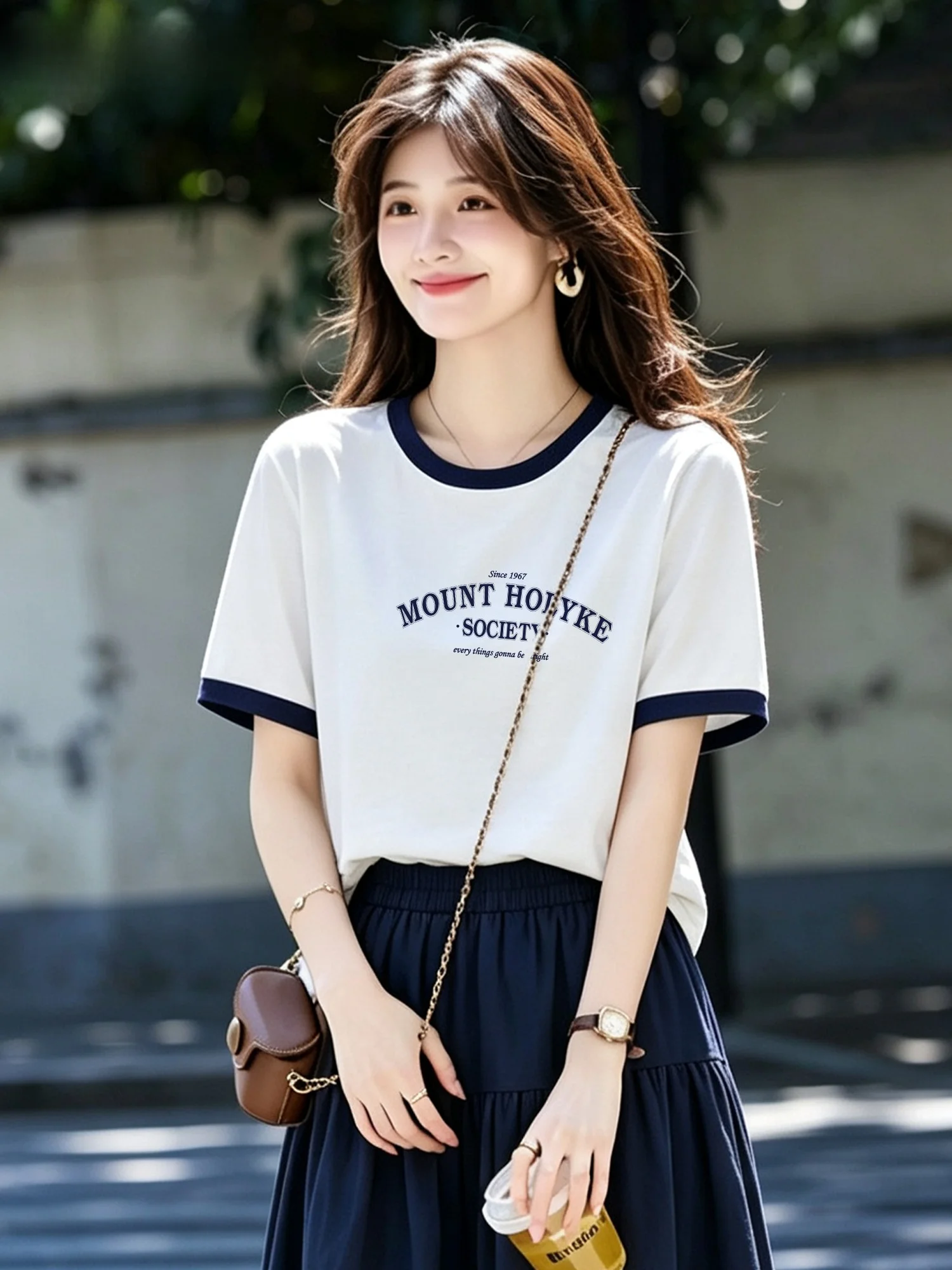 Pure Cotton round Neck Short Sleeve T-Shirt Women Summer Casual Loose Lazy Small Size Leisure Top Color Block Design Street S...