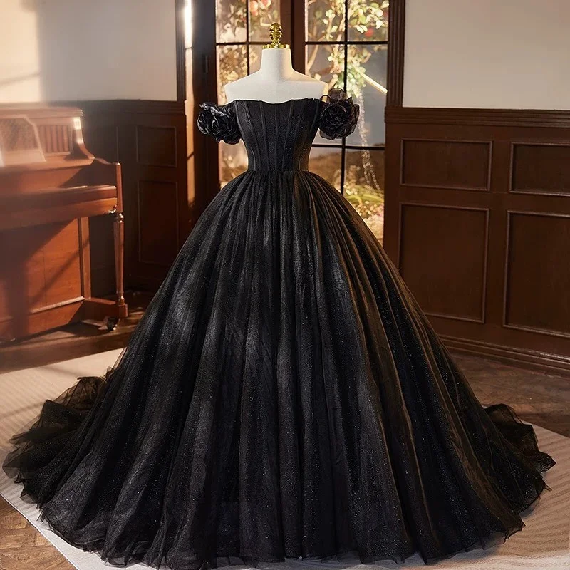 

Customized Shiny Black Quinceanera Dresses Off the Shoulder applique Long tail Vestido 15 Quinceanera