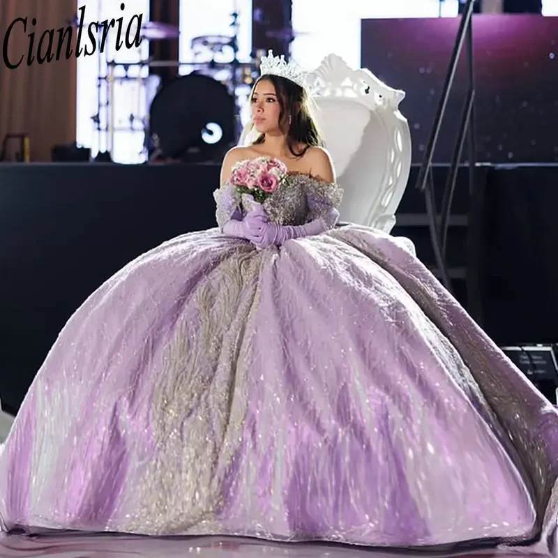 Lila luxe kristal kralen Quinceanera jurken baljurk off-the-shoulder Sweet 15 Años Mexicaans op maat