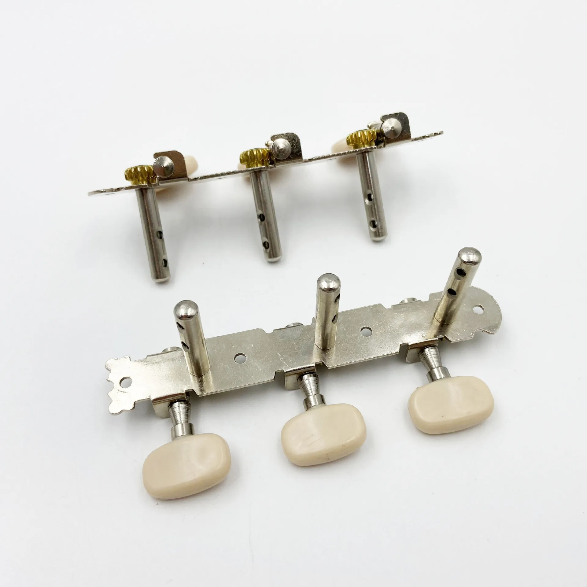 3-on-a-Plate Guitar Tuning Pegs Open Short Post Machine Heads, White Round Buttons & Steel Shaft Replacement