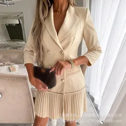 2023 Autumn Winter Dress New Women Solid Color Pleated Stitching Double Breasted Dress Women Long Sleeve Turn-down Collar Blazer