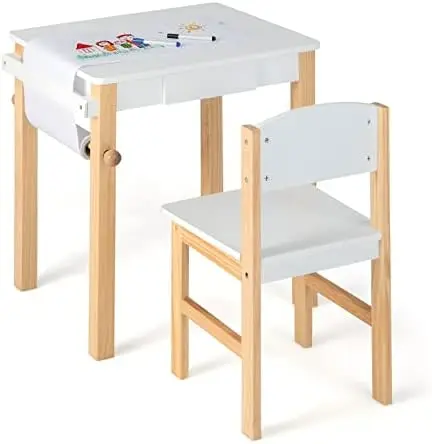 

Table and Chair Set, Flip Top Art Craft Table w/Chair for Playroom Kindergarten, Toddler Drawing Writing Desk Set w/Paper Roll