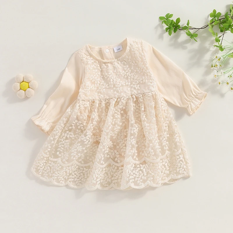 Kid Girl Romper Dress Long Sleeve Round Neck Patchwork High Waist Lace Floral Party Dress