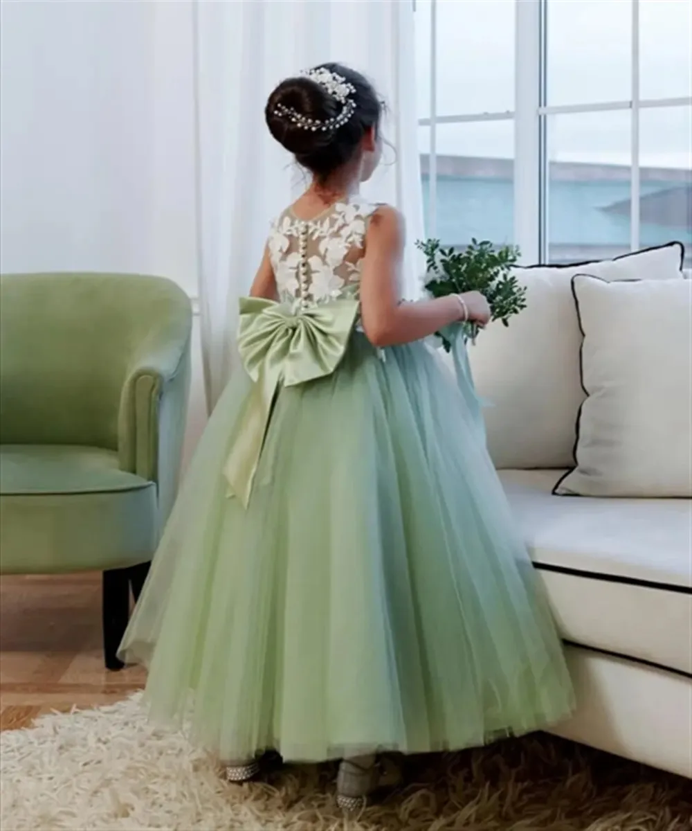 

Elegant Flower Girl Wedding Dress Sleeveless Appliques Bow Bridesmaid First Communion Dress Girls Pageant Party Gown Customized
