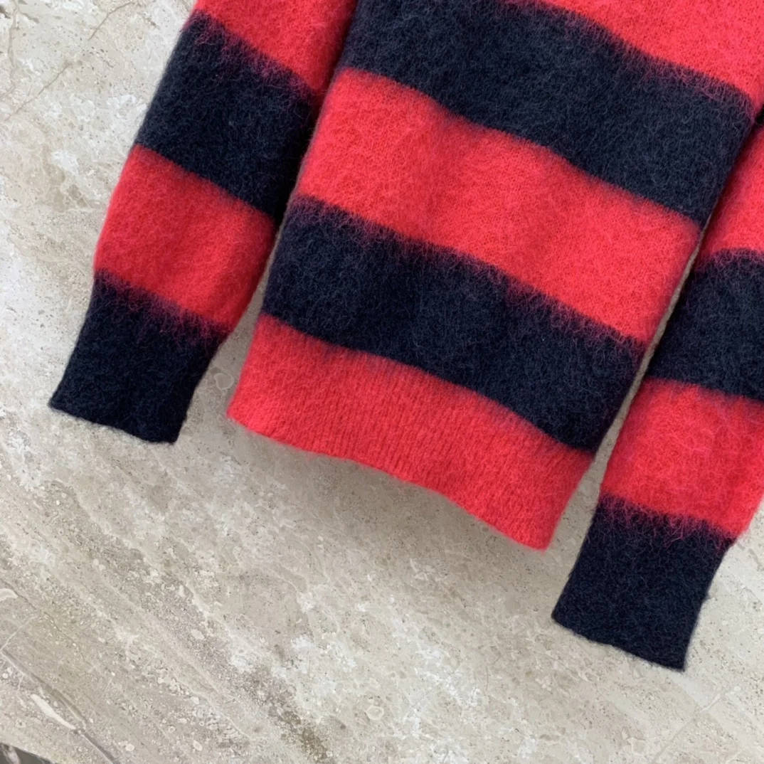 Women's Clothing    New red and black striped knitted sweater, fashionable and high-end, loose fit, classic and versatile