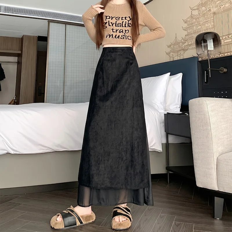 High Waist A-Line Skirt Leather Velvet Long Skirt Side Split Splicing Fish Tail Skirt Autumn Winter Casual High Waist Skirt