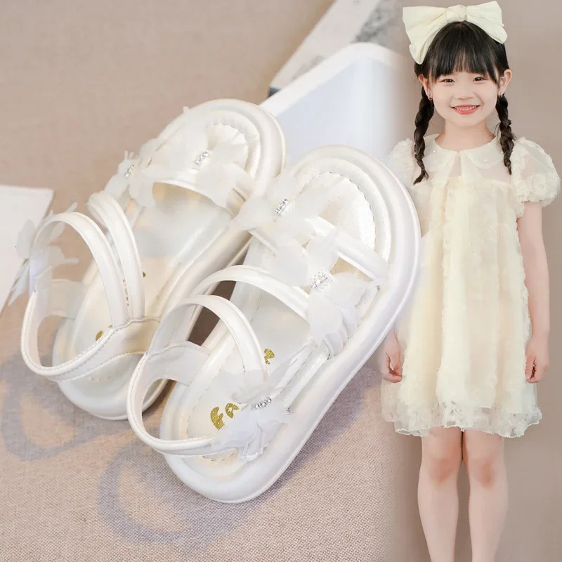 Girls Sandals Sweet Lace Butterfly Kids Beach Shoes Soild Color Versatile 2025 Summer Students Princess Shoes Soft Sole Trendy