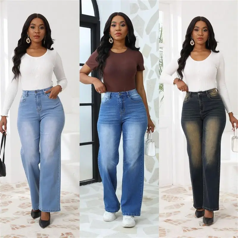 Sexy Straight Leg Jeans for Women High Waist Denim Pants Fashionable Trendy Deep Color Autumn Collection Ladies Premium Quality