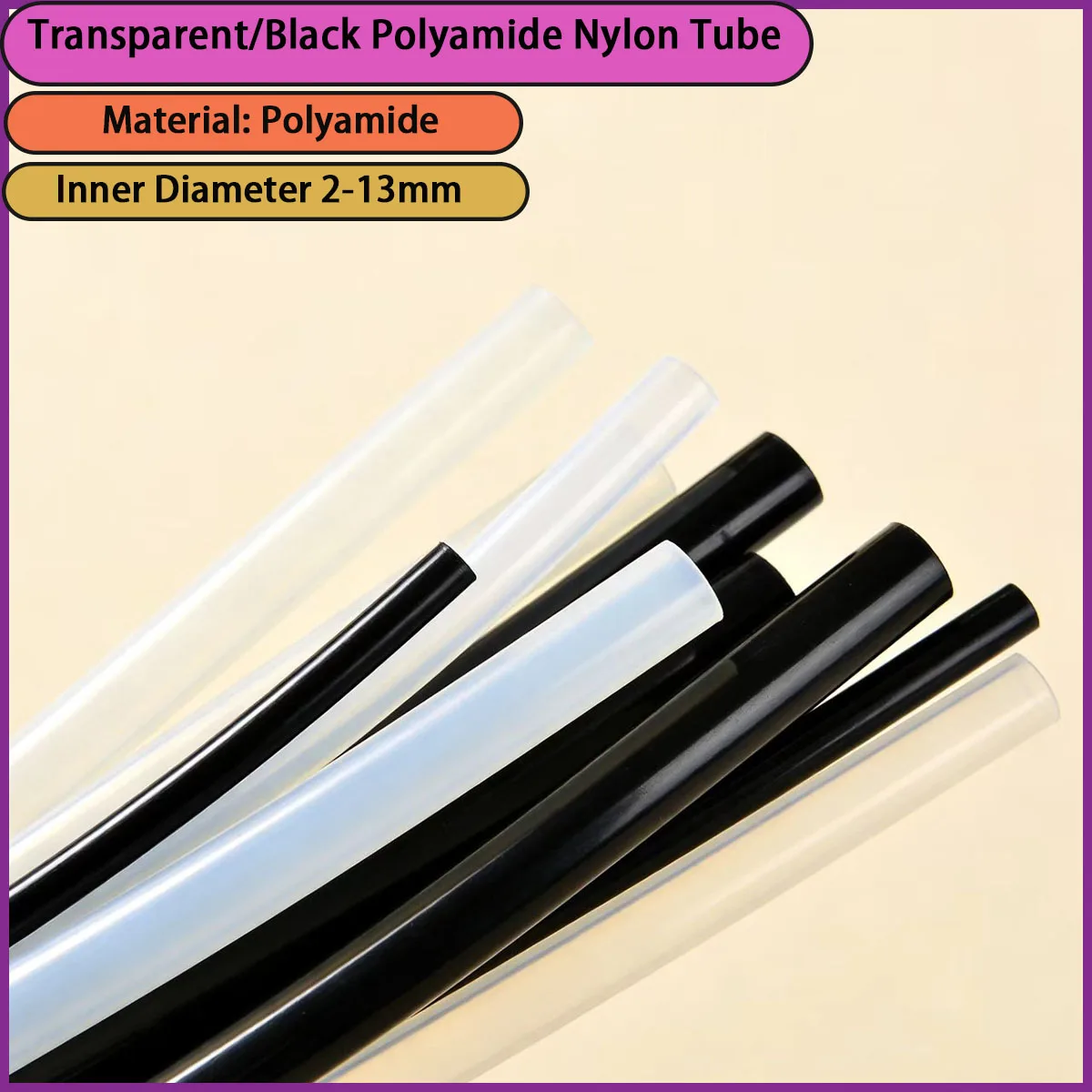 

Transparent/black polyamide nylon tube with an inner diameter of 2-13mm is used for pneumatic systems, fluid transportation, etc