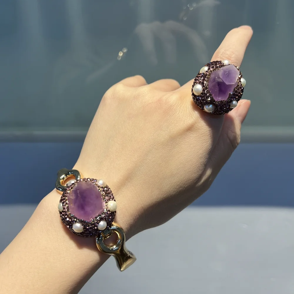 

Natural Irregular Amethyst Women's Ring Bracelet Personality Fashion Noble Simple Luxury Lady Exquisite Rhinestone Jewelry