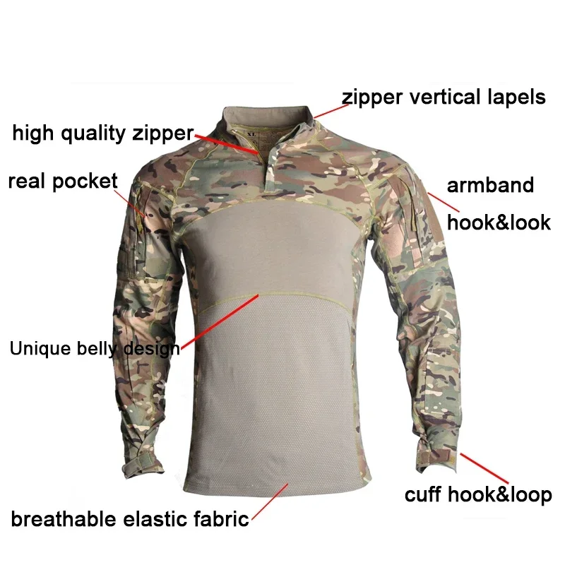 Men\'s Outdoor Tactical Shirts Zipper Airsoft Combat Tee Slim Shirt Hunting Clothes Airsoft Multicam T-shirt Fishing Men Clothing