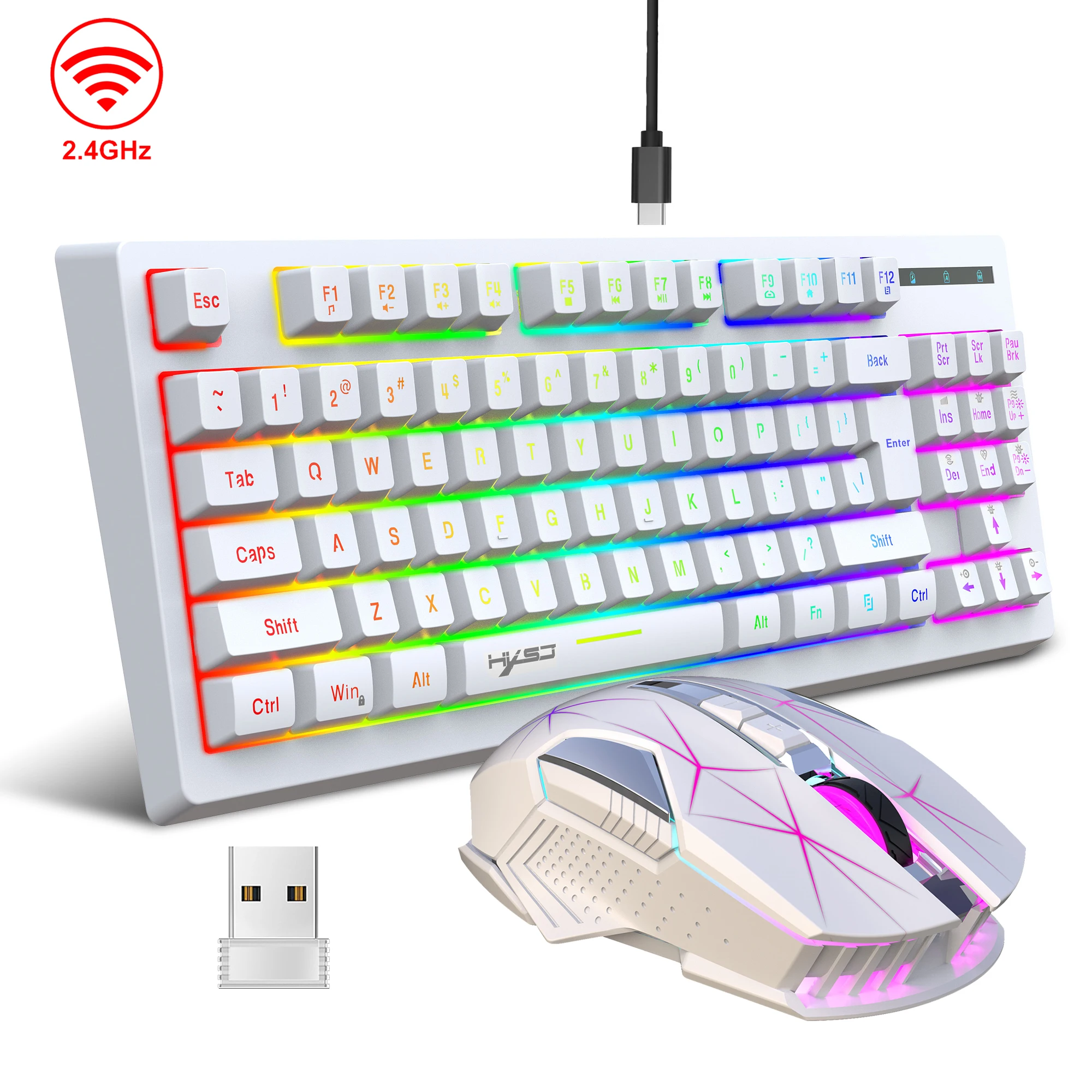 Rechargeable Wireless 87 Keys Keyboard Mouse Combos Kit 2.4G USB RGB Backlight Keyboard and Gaming Mice Set for Home Office