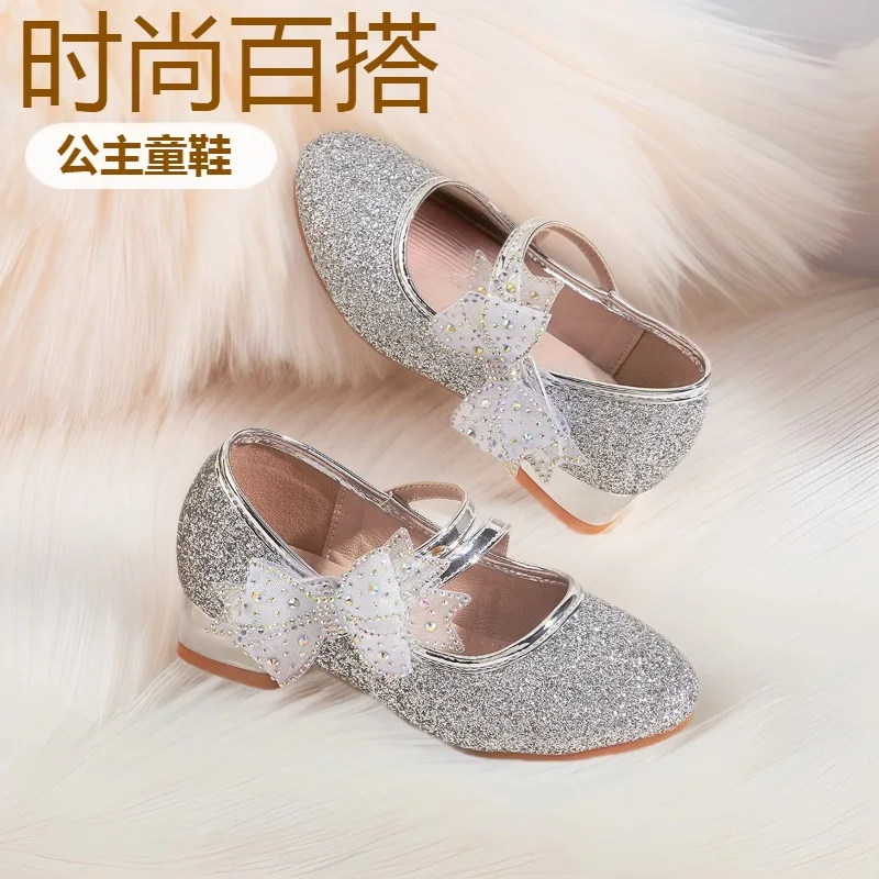 2025 New Children High Heels 7~13 Years Old Girls Rhinestone Gauze Bow Dance Party Performance Shoes Wear Kids Leather Shoes