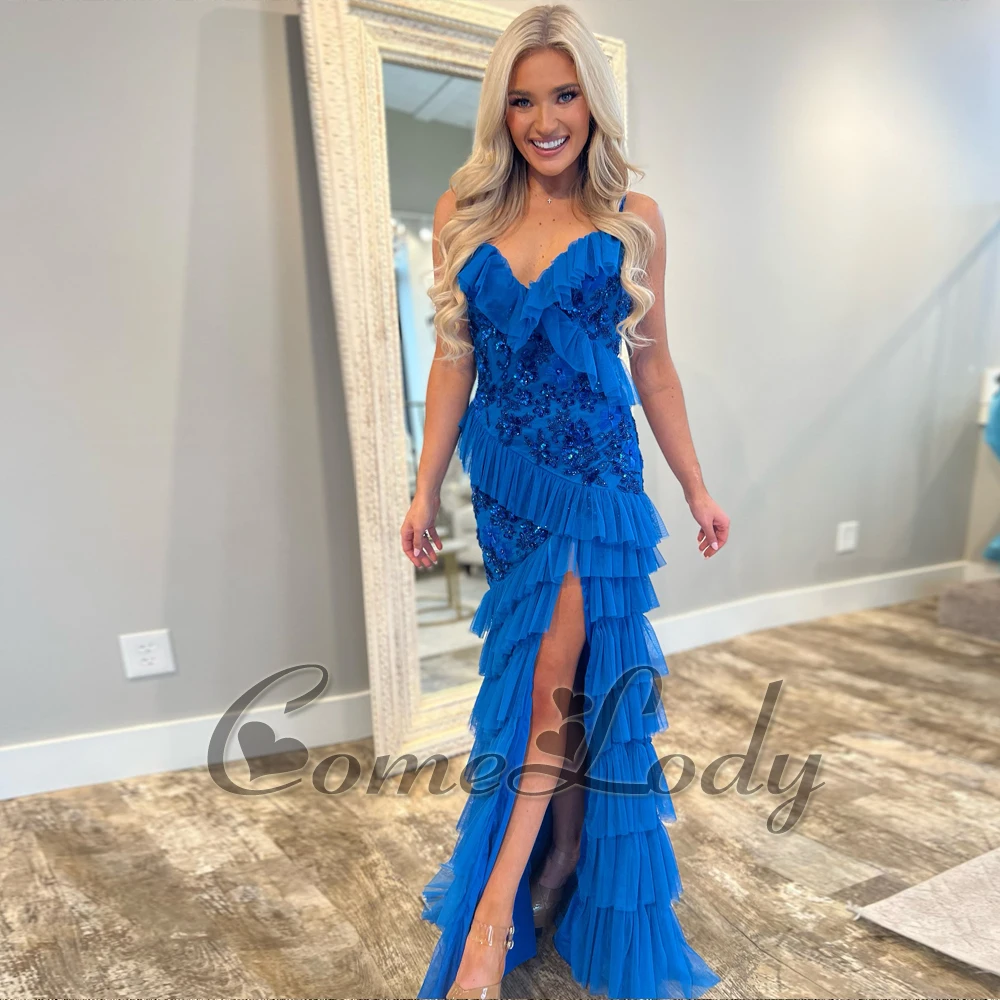 

Comelody Attractive Tulle Prom Dresses for Women Mermaid Layered Sparkly Spaghetti Strapless High Slit Lace Up Saudi Arabric