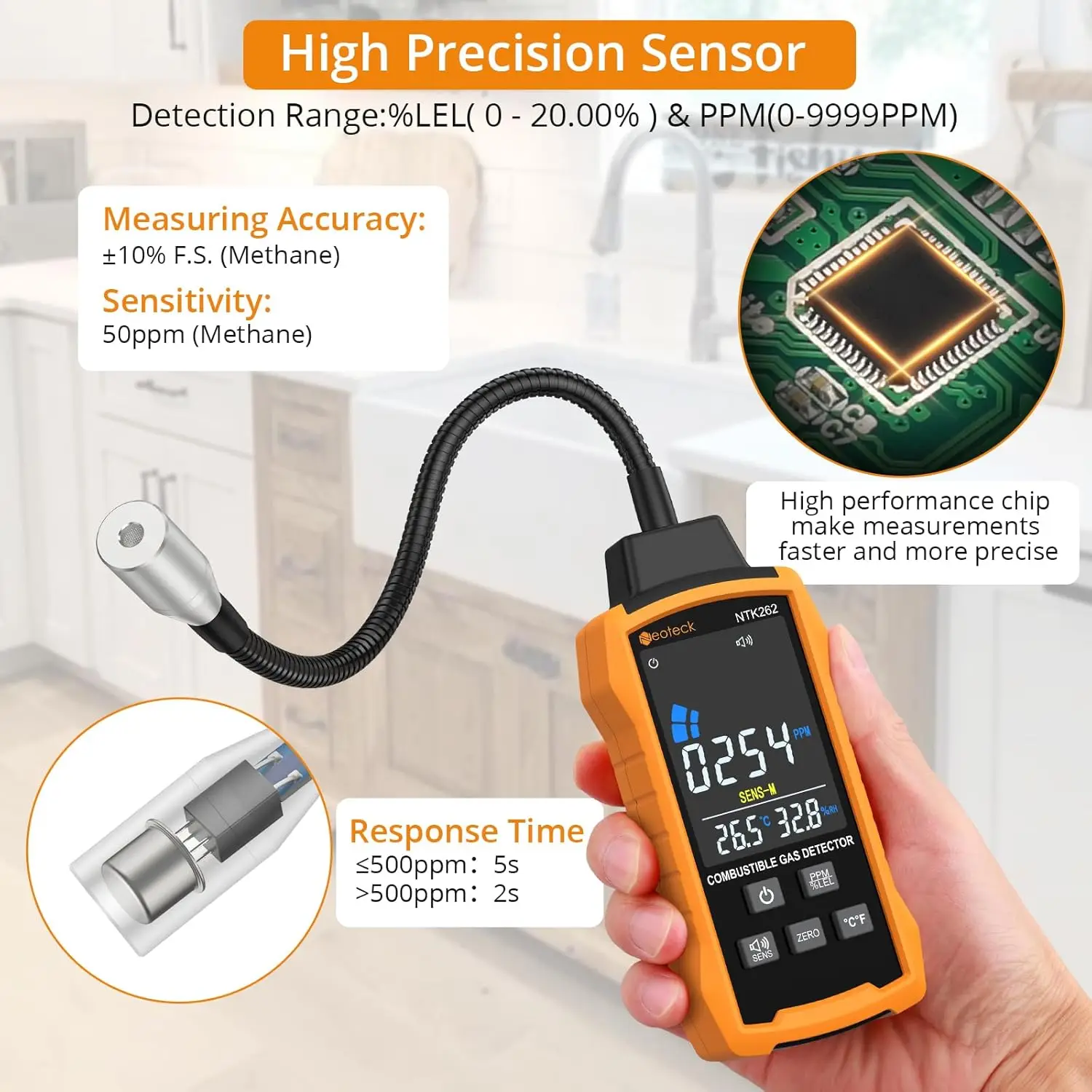 Neoteck Rilevatore di gas naturale 0-9999PPM/0%-20% Rilevatore di fughe di gas LEL con rilevatore di gas combustibile a collo di cigno da 12" con 3