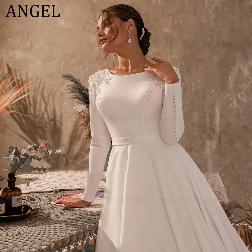 فستان زفاف إسلامي مخصص من ANGEL 2026 برقبة دائرية فستان زفاف متواضع مطرز باللؤلؤ وزر على شكل حرف A سويب تراين فيستدوس دي نوفيا #3