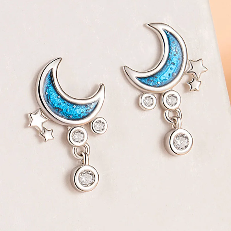 2024 Blue Starry Moon Earrings Elegant Zircon Tassel Earring Drip Glue Craft Crescent Ear Stud 925 Silver Jewelry Female KOFSAC