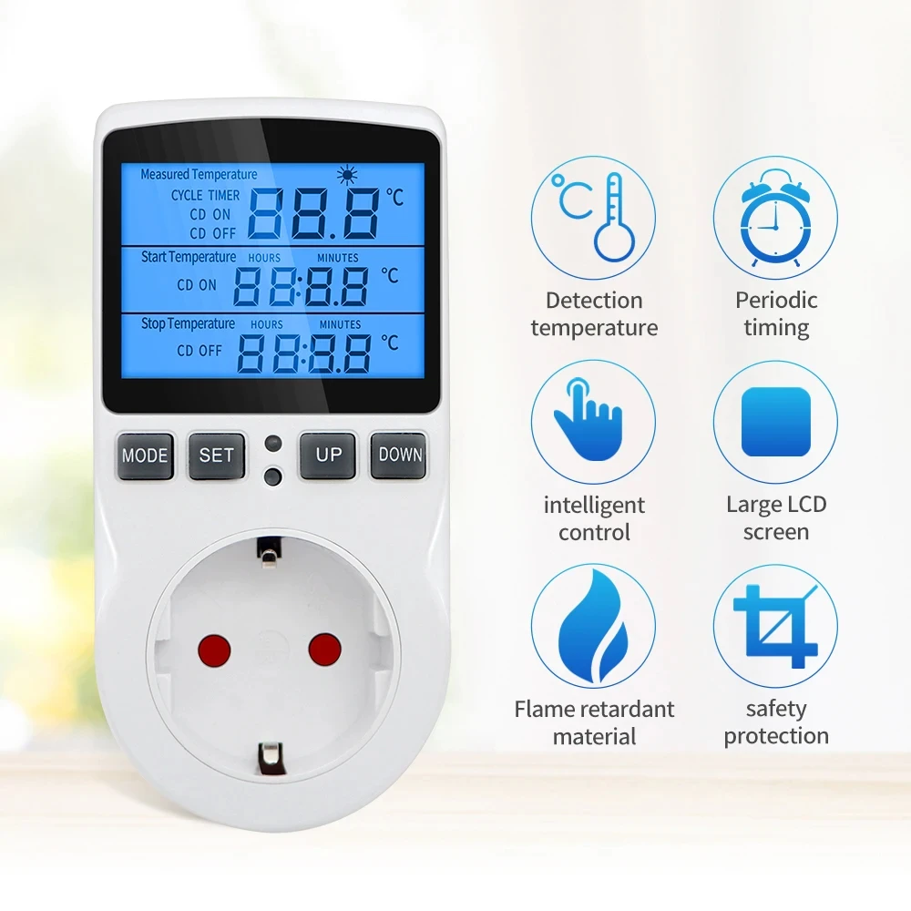 Digital Timer Socket Thermostat Digital Temperature Controller Socket Outlet with Timer Switch Sensor Probe Heating Cooling 220V