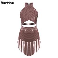Kids Girls Glittery Rhinestone Artistic Skating Rhythmic Gymnastics Ballet Lyrical Latin Modern Dance Overlay Leotard Dress