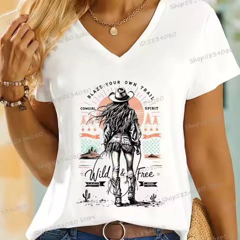 Retro Cowgirl Wild and Free Printed T-shirt Vintage Desert Cowgirl Shirt Design V-neck Casual Tops Western Cowgirl Spirit Tshirt