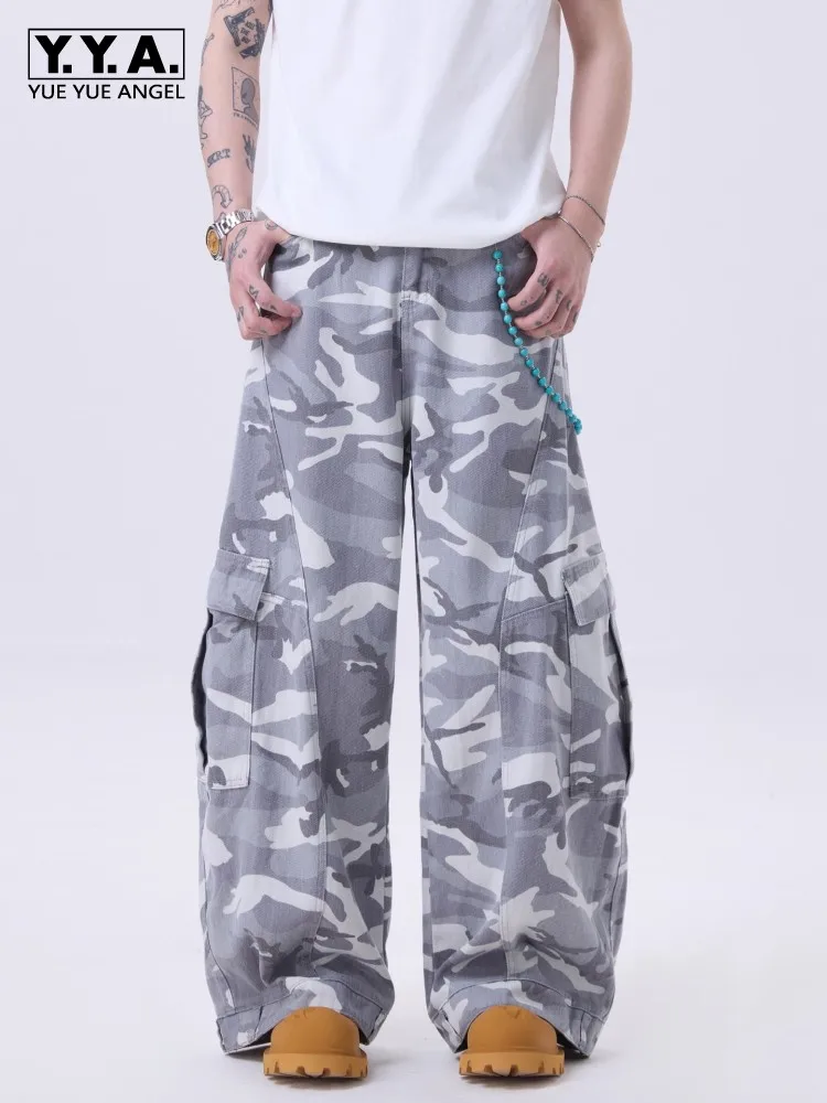 American Style Retro Camouflage Color Mens Jeans Pockets Loose Fit Daily Casual Denim Trousers Full Length Mid Waist Cargo Pants