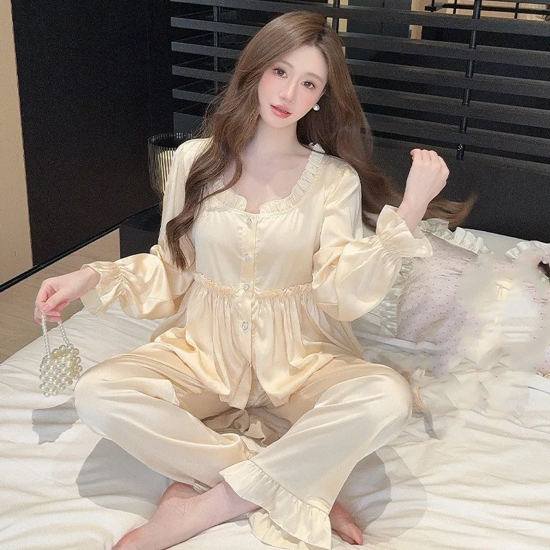 

Elegant French Pajamas Sleepwear 2PCS Set Sweet Ruffles Pyjama Femme Comfortable Long Sleeve Button Trouser Home Wear
