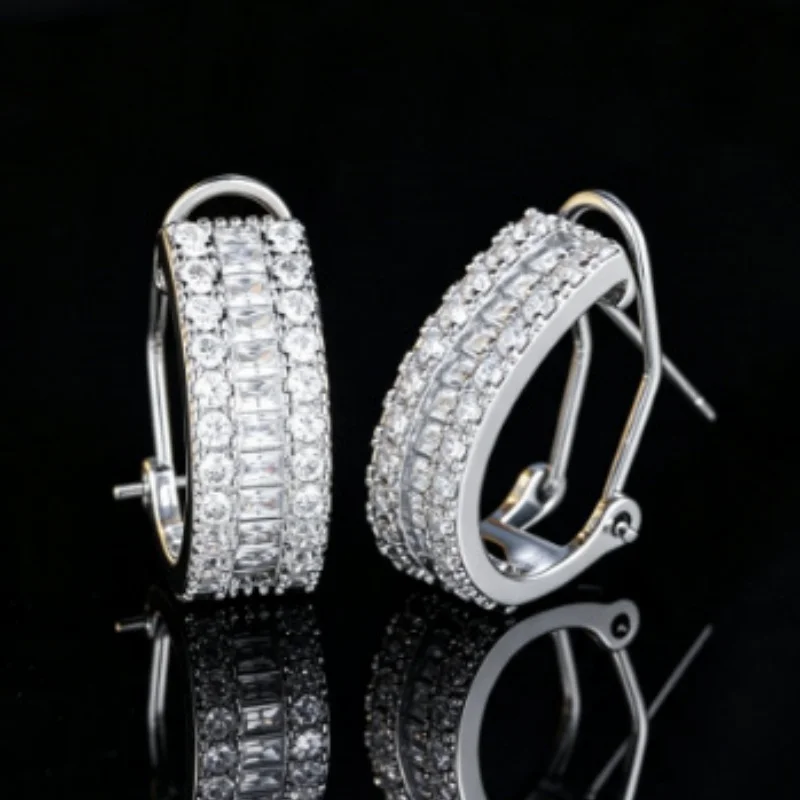 European and American multi-layer ladder square stone ear rings with a high-end feel, shiny and dense zircon curved accessories