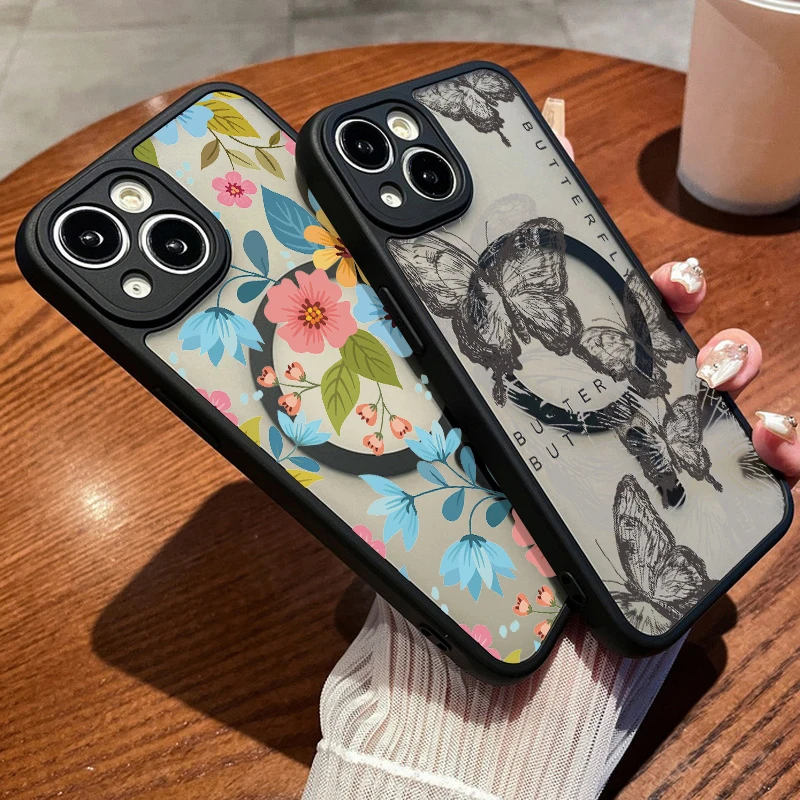 Butterfly Clear Phone Case For iPhone 14 15 13 12 Pro Max 11 Magnetic For Magsafe Wireless Charging Shockproof TPU Matte Cover