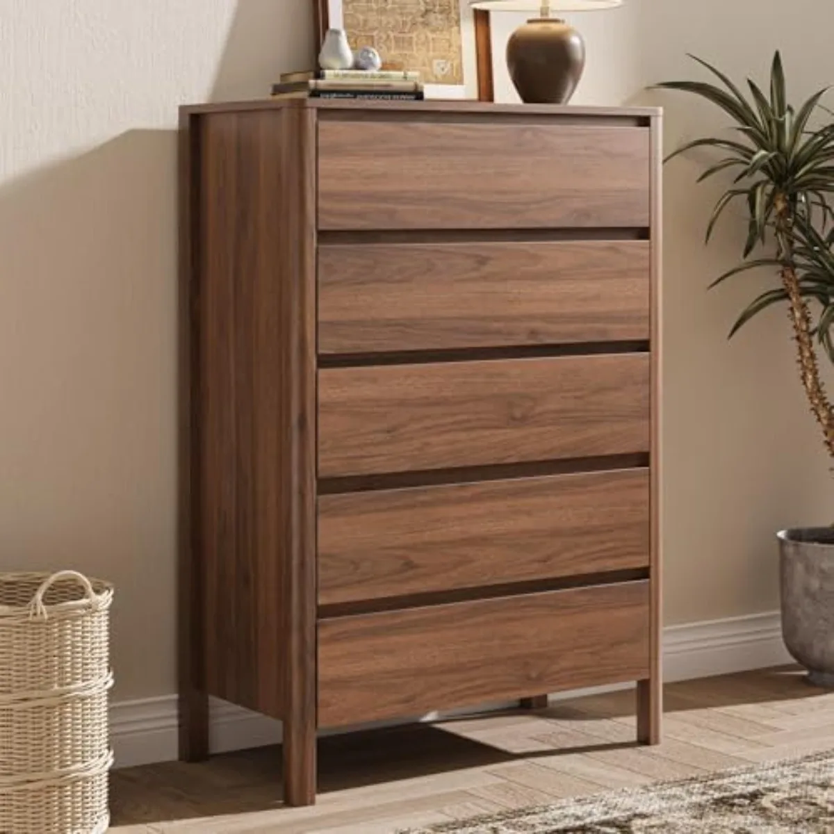 Walnut 5 Drawer Dresser for Bedroom, Modern Tall Dresser with Hidden Handles, Space-Saving Wooden Drawer Organizer