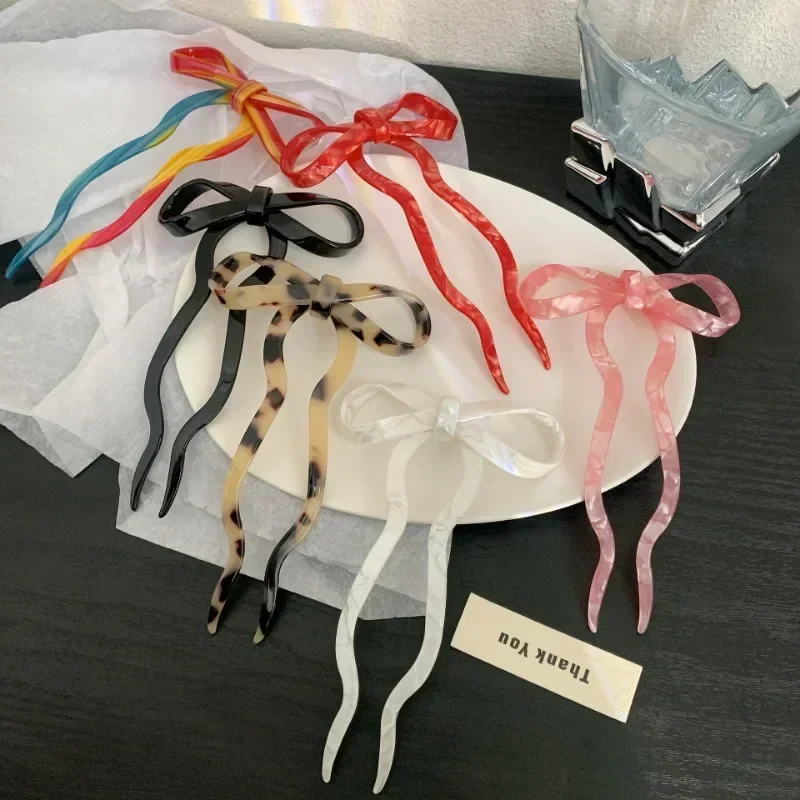 2024 ファッションデザイン弓波アセテートヘアピンヘアスティック女性女の子韓国甘い多色 U 字型ヘアクラスプ頭飾り