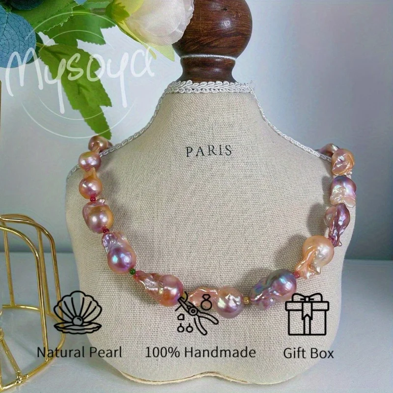 

MYSOYA 13-16mm Baroque Pearl Purple Medium Tourmaline Necklace Gift Box Perfect Gift For Wedding Birthday Christmas New Year