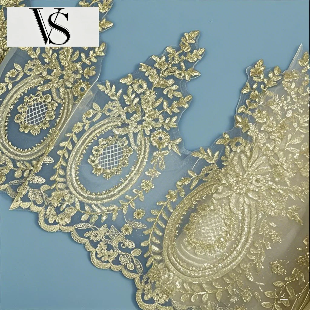 Lace Trim Accessories LJ0054 Delicate Free-Shipping 6Yards Dress Wedding Cording Applique Lace Gold Light Thread Embroidery