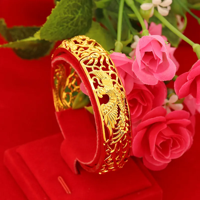 

Golden Ceremony Luxury Bride Bracelet Wedding Day Hollow out Dragon Phoenix Bracelet Plating 24K Gold Bride Jewelry