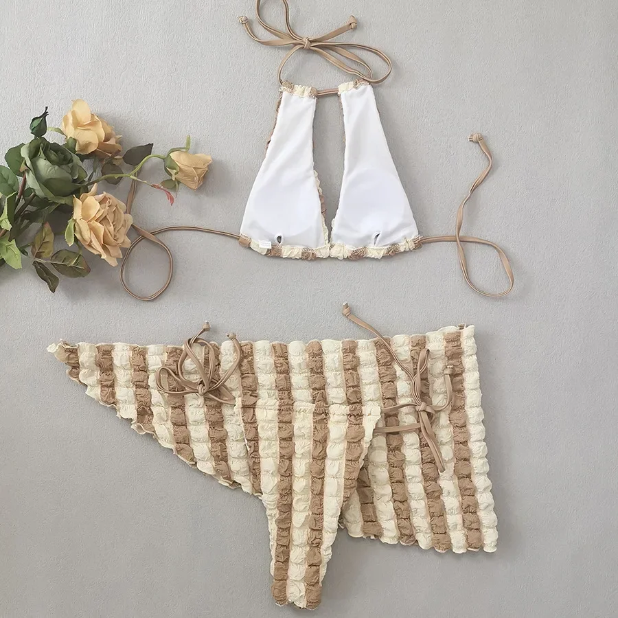 Three Piece Bikini Women 2024 Patchwork Color Lattice Swimsuit Skirt Bathing Suit High Waist Thong Summer Beachwear Swimwear New