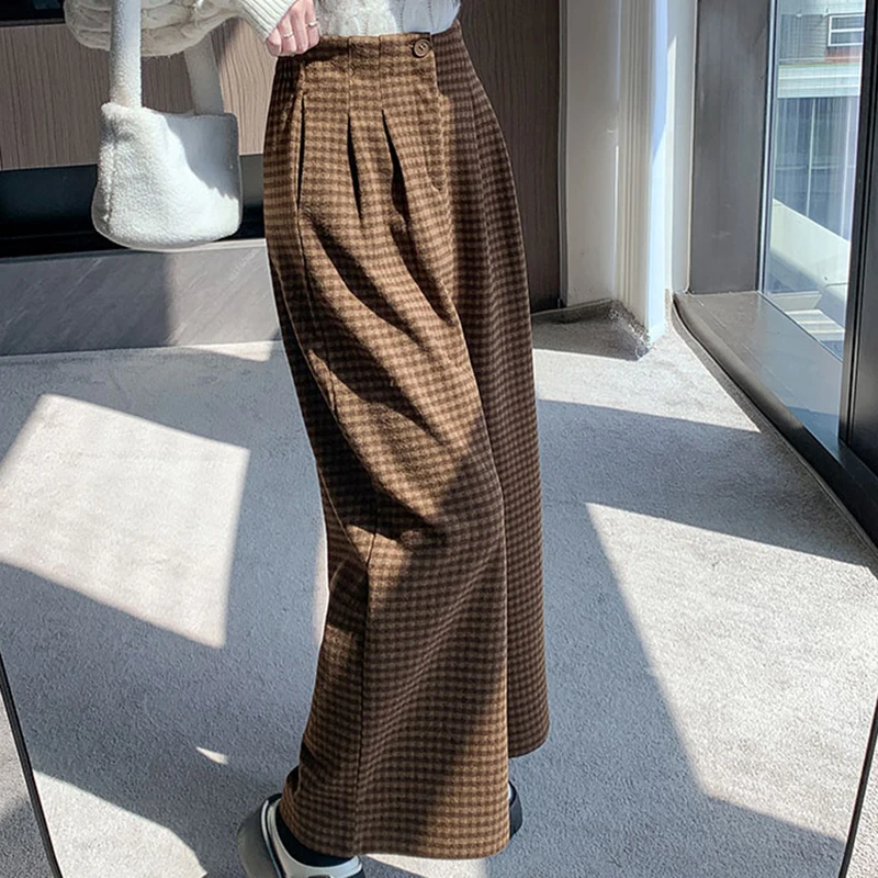 

QOERLIN Retro Woolen Plaid Suit Pants for Women Autumn Winter 2024 High Waist Straight Leg Casual Wide Leg Pants Cropped Pants