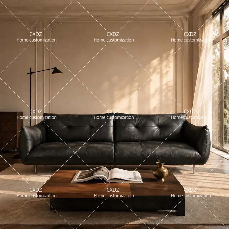 Retro Black Leather Sofa First Layer Cowhide Modern Light Luxury Straight Three Seater Couch for Living Room Furniture
