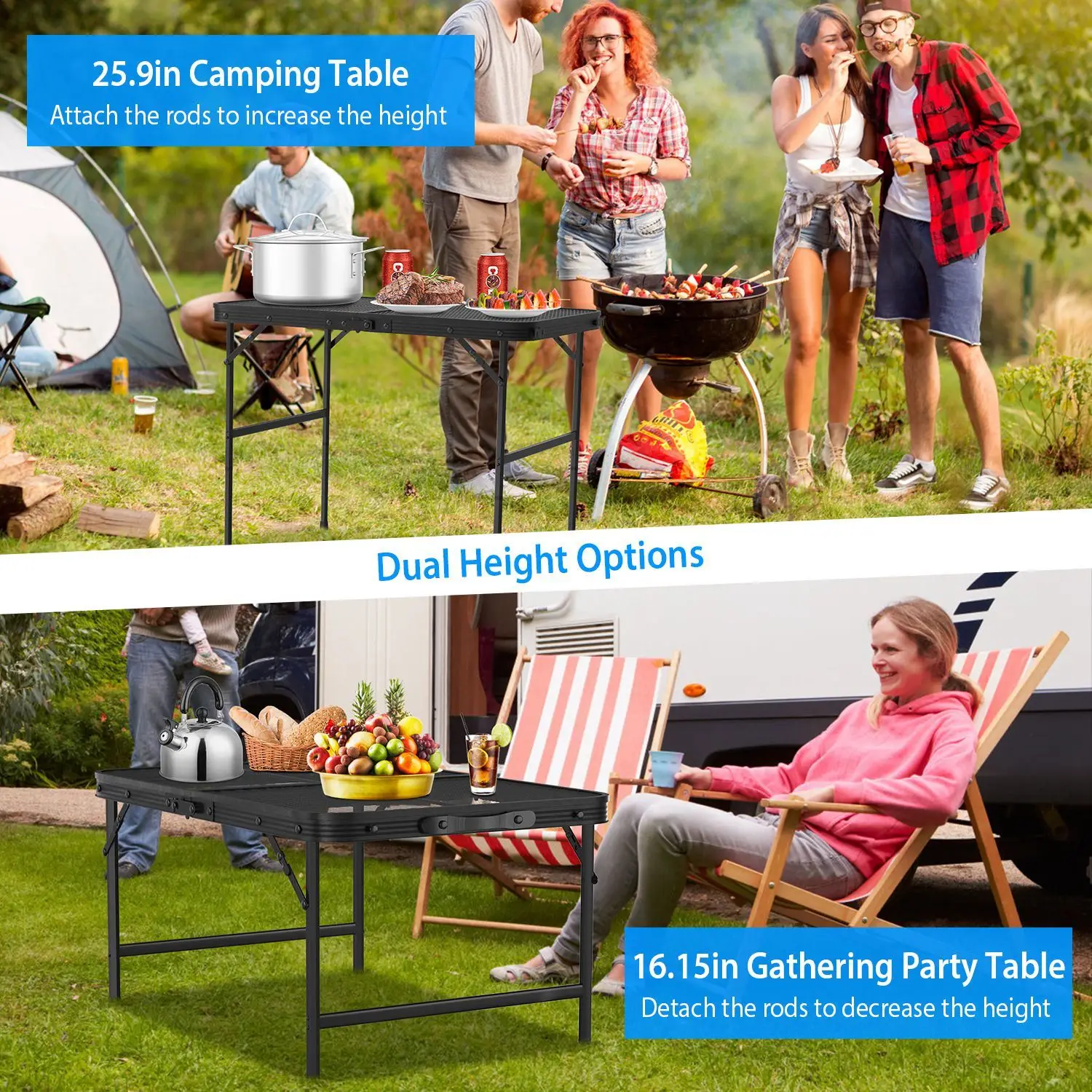 35.62x23.42x25.9in Foldable Camping Table Collapsible Picnic Aluminum Alloy Grill Stand 88LBS Max Load Height