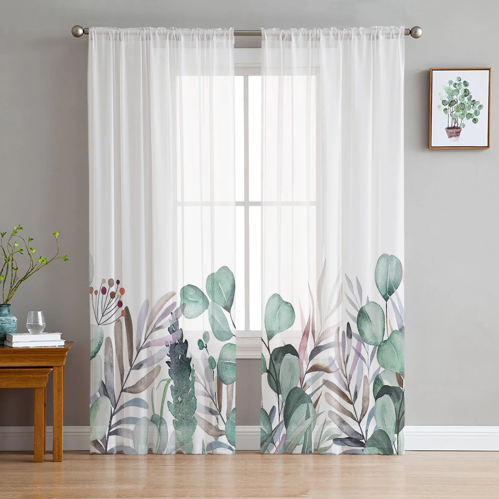 Pastoral Style Flowers And Eucalyptus Trees Sheer Curtains For Living Room Tulle Window Curtain Bedroom Kitchen Veil Drapes