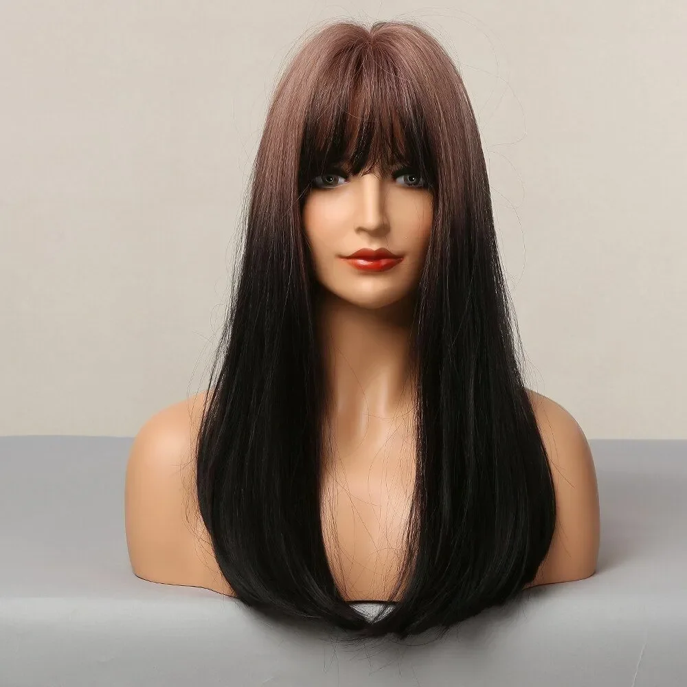 Long Ombre Brown Straight Synthetic Cosplay Bangs Party Hair wig Heat Resistant