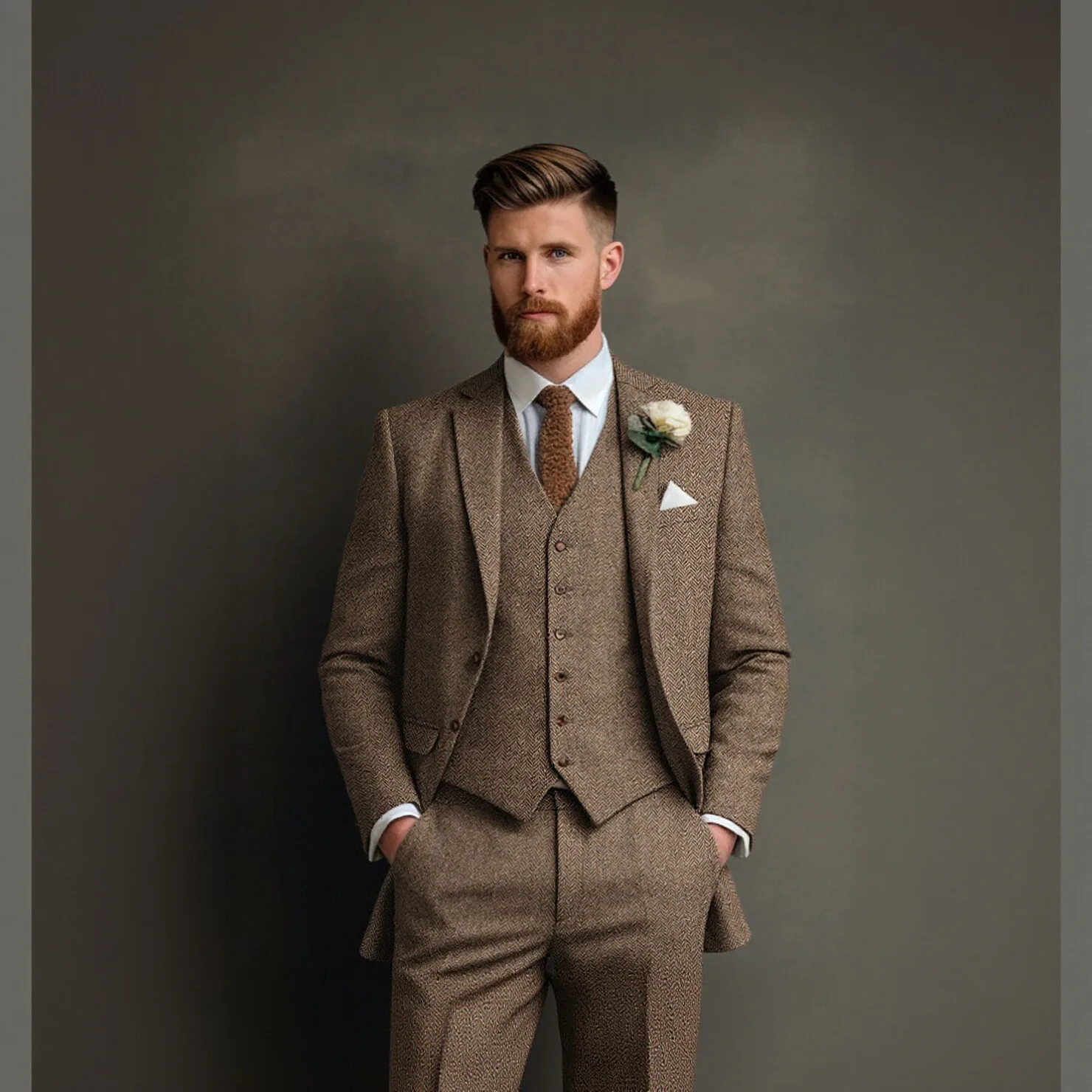 

Men Suit Three Piece Slim Fit Tweed Blazer Vest Pants Formal Business Wedding Outfit Brown Herringbone Elegant Stylish Spring Su
