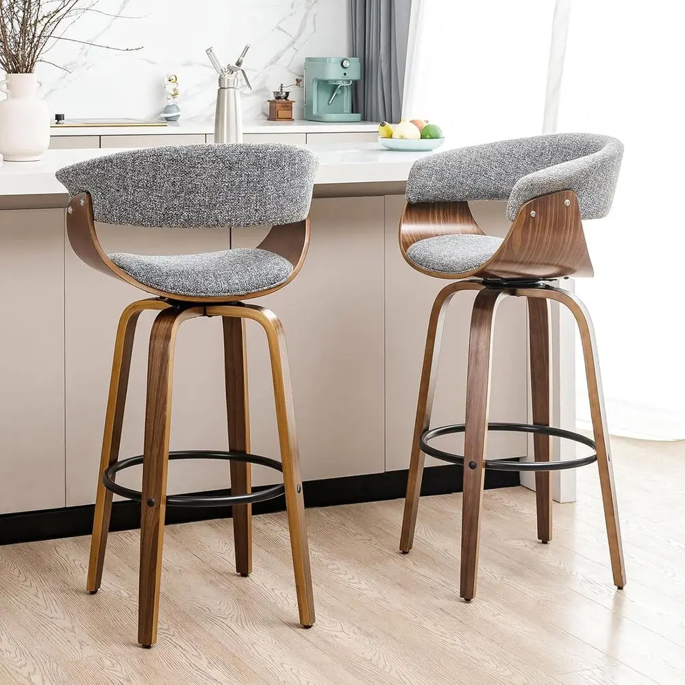 

Pair of 29.5 Mid-Century Modern Gray Fabric Swivel Bar Stools with Walnut Frames
