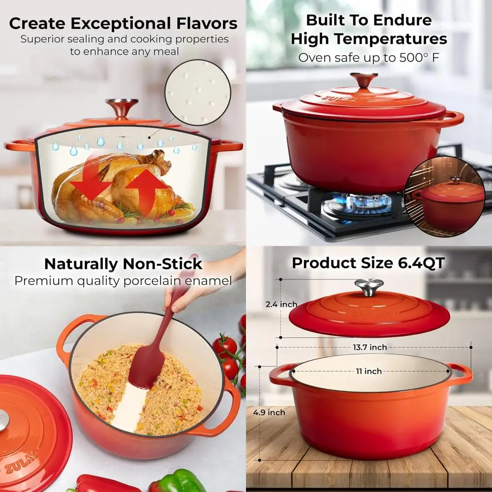 

Enameled Cast Iron Dutch Oven Pot with Lid - Heavy Duty Cookware for Baking Bread, Stews, Braising, Roasting - Oven Safe up to 5