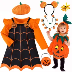 Halloween Toddlers Pumpkin Infants Dress Cosplay Funny Long Sleeve Party Dress Witch Print Tutu Yellow Pumpkin Dress for Girls